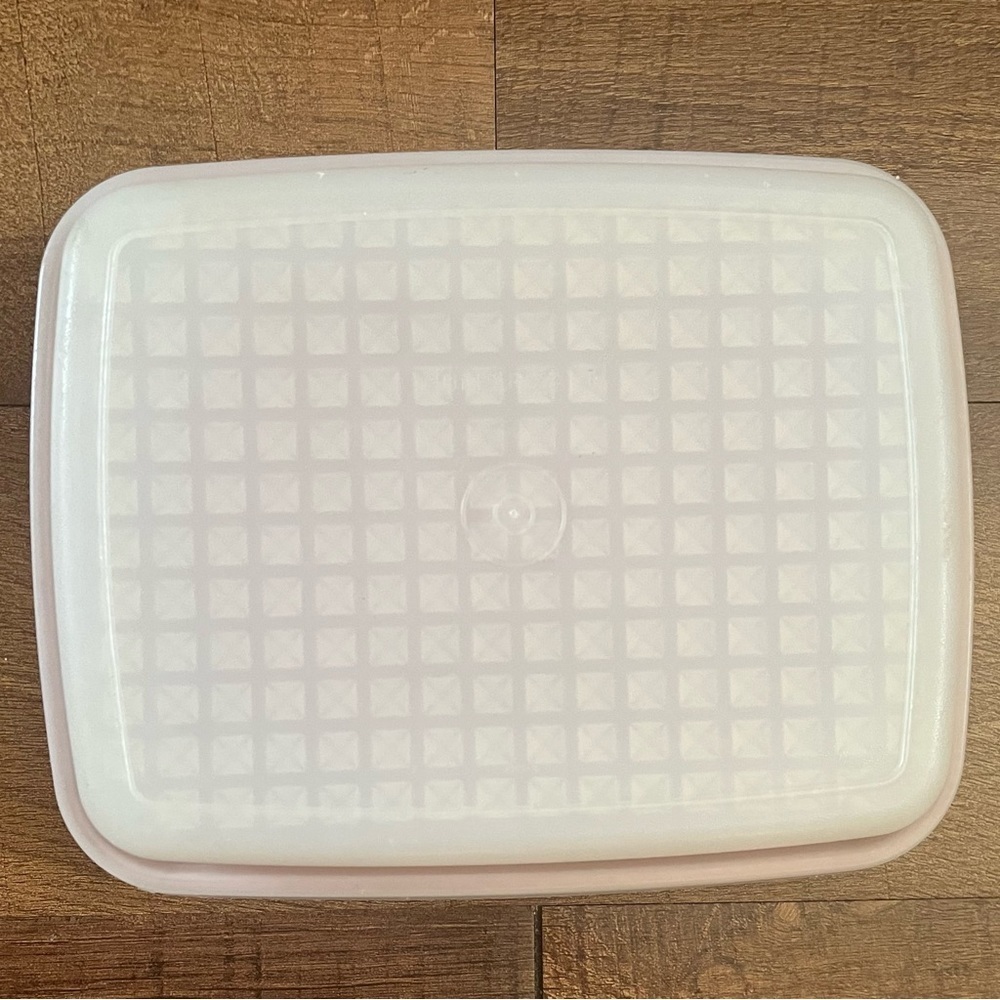 Vintage Tupperware set 2 two pieces raised grid paprika red white lid - Picture 2 of 7